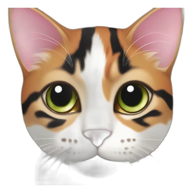 young striped calico cat face with a pink nose, white chin, green eyes, and orange/brown markings sticker