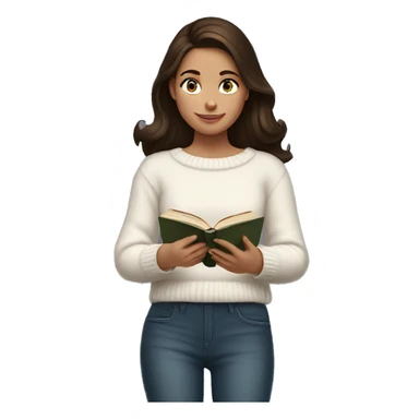 brunette girl in a white sweater is reading a book in her hands sticker