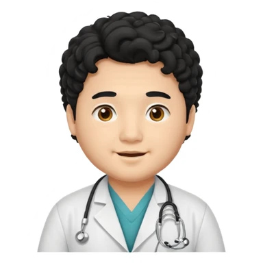 a young asian chubby male doctor with black long curly hair and cheerful face without gpasses sticker