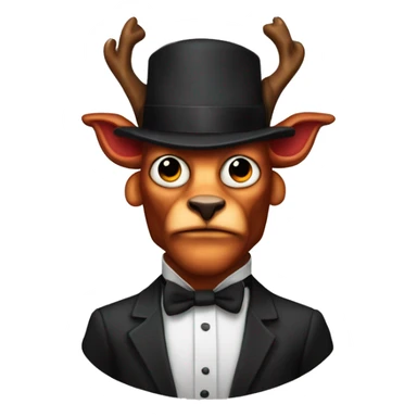 Alastor, the radio demon. Red hair with black tips, deer ears with black tips, small horns, red monocle, red suit sticker