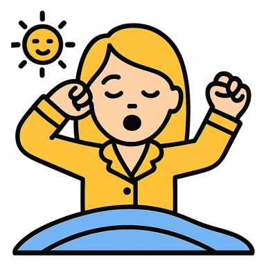 Create an image of a woman with blond hair wearing yellow pajamas, classic emoji style, waking up, with no background. The style should resemble classic emoji style. sticker