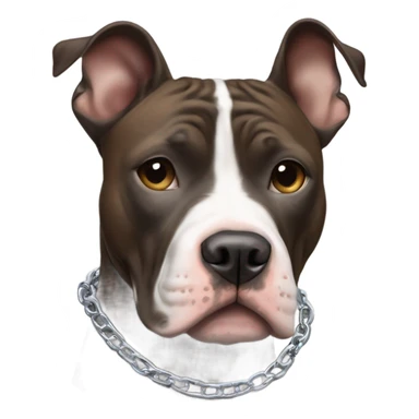 American pitbull terrier with a brindle (black and brown blend)  coat and white down middle of his face and chest. He has a silver chain link collar sticker