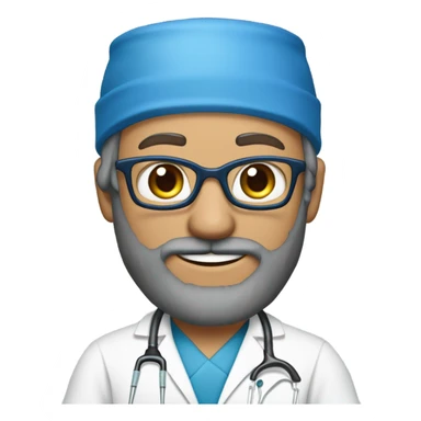 male blond doctor in scrub cap with grey van dyke beard with hazel eyes and small wire-rimmed glasses in blue scrubs holding a large paintbrush sticker