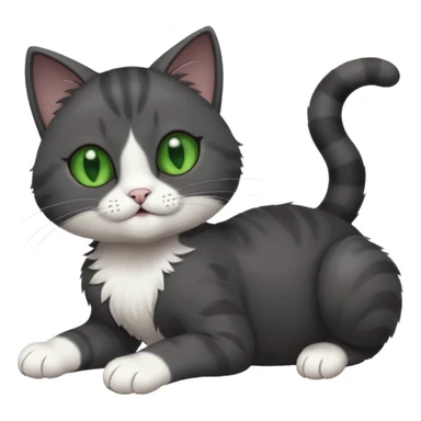 solid dark grey cat with green eyes, white toes/paws and white patch on her chest playfully rolling upside down sticker