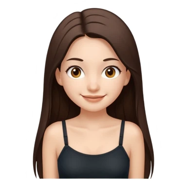 Waist-up girl standing straight on white background. Wearing a dark brown Skims spaghetti strap top. Very long straight brown hair with a center part. Brown eyes with long lashes. Smiling with braces. sticker