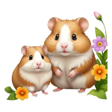 Icon for Hamster and Guinea Pig: A portrait-style collage with a fluffy hamster with soft fur, looking curious, and a friendly guinea pig with long, smooth fur, both on a soft green background with flowers and soft light. Transparent background. sticker