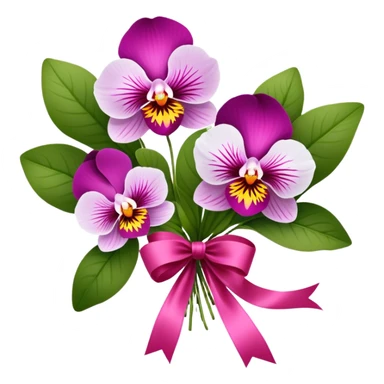 A bouquet of Orchid Pink pansies tied with a flowing Wild Strawberry ribbon. The vivid contrast of soft petals and bold silk creates a charming, romantic scene." sticker