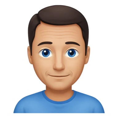 Middle aged man with tanned skin, receding dark hair and no beard, blue eyes, shy smile sticker