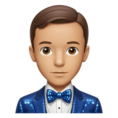 Fred Astaire with brown hair, dark blue sequin suit with bow tie sticker