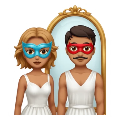 Man on mask in mirror behind woman sticker