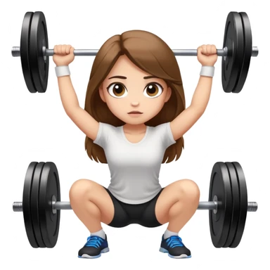 A girl with light skin, big eyes, long brown hair and wearing a white shirt is doing an overhead squat with a lot of weight on the barbell sticker