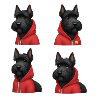 A fluffy black Scottish terrier dog wearing a red hoodie sticker