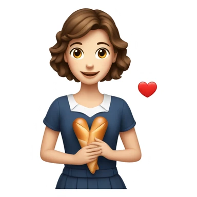 a french girl with brown hair and brown eyes holding a baguette, happy, doing a heart with her fingers on other hand sticker