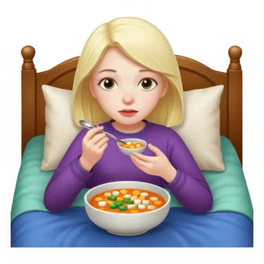 tazita de sopa, pastillas al lado y una chica en una cama sticker
