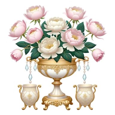 A romantic baroque-style vanity display featuring an intricate golden candelabrum, an embroidered ivory lace fan, and a crystal vase filled with white peonies and pastel pink roses, with pearl butterflies adding a whimsical touch.
 sticker