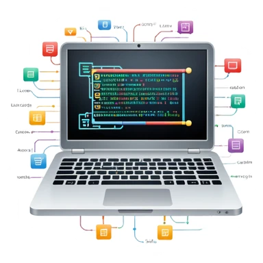An icon featuring a laptop screen with colorful lines of code, brackets, and a blinking cursor, symbolizing programming. The design includes flowcharts, gear icons, and binary code, representing software development and logical problem-solving. Transparent background highlights the world of coding. sticker