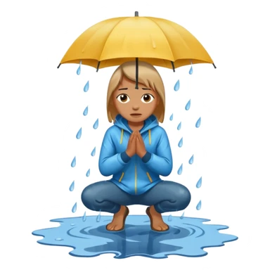 Character kneeling as rain hits the ground, one drop splashing exaggerated sticker
