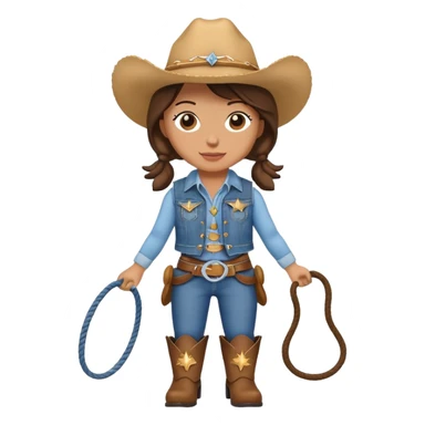 A cuddly cowgirl plush toy with denim vest, cowboy boots and a lasso sticker