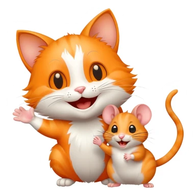 Joyful cat being greeted by a mouse friend with a wave sticker