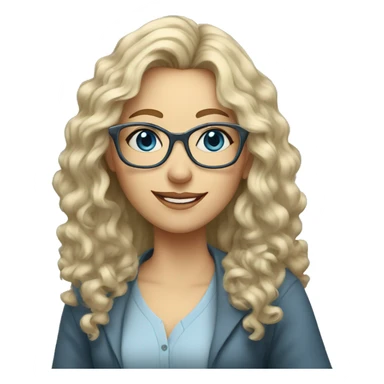 Woman teacher blonde gray long curly hair glasses blue eyes with book sticker