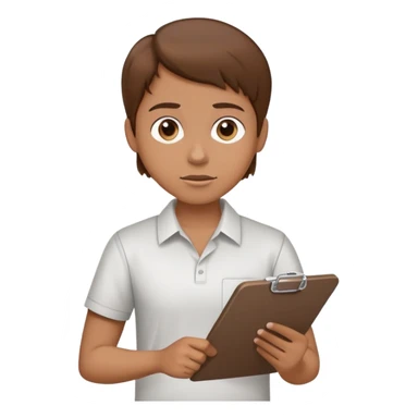 Intern or volunteer with brown hair holding a clipboard and pencil, ready to take notes or assist. The character wears a simple shirt and has an eager posture sticker