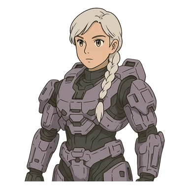 female, wearing reach spartan armor default, long white braid hair, gold yellow eyes, attention pose, halo series, no helmet, the armor is lavender color scheme and has no shoulder pad attachments sticker