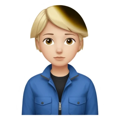 Calm and independent female engineer, fair skin, short straight blonde hair tucked behind the ears, neutral but focused expression, wearing a fitted blue utility jacket over a black crew-neck top, waist-up, front-facing sticker