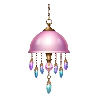 PInk iridescent Bell with chained hanging crystals LAMP with feathers sticker