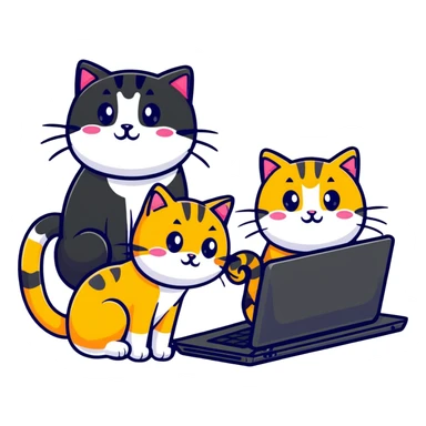 three cats at a computer, playful sticker style sticker