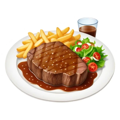 big juicy australian steak meal featuring chips, small salad in a ramiken and gravy  sticker