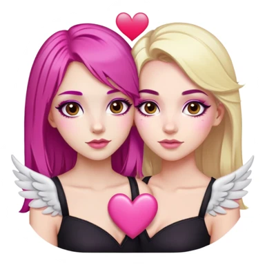 gorgeous pale girl with magenta pink hair and brown eyes winged eyeliner latina makeup next to a gorgeous blonde girl with brown eyes with a pink heart in between sticker