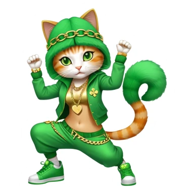 female cat dressed in hip-hop Run DMC style with green outfit, shamrock accessories, gold chains, bling, St. Patrick's Day, break dancing sticker