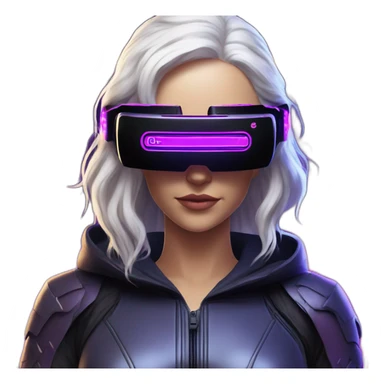 Daenerys Targaryen wearing a black hoodie with "OMG" letters on it and VR headset in a cyberpunk VR environment with violet neon lighting. sticker
