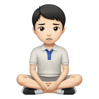 A cartoon young Asian boy with short black hair, light beige skin, and large expressive eyes, wearing a white polo shirt, gray pants, and black shoes. He sits cross-legged on the ground, one fist resting on his cheek, with a closed-mouth smirk. Clean lines, flat colors, solid black background. sticker