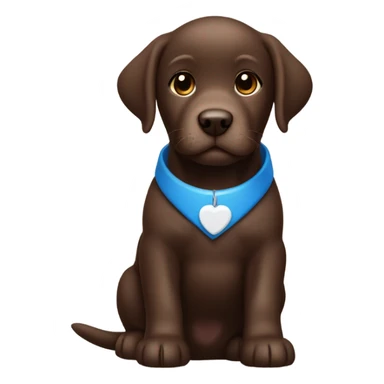 Chocolate labrador cute puppy with small white patch of fur on chest and blue small collar sticker