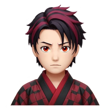 “Tanjiro Kamado, burgundy eyes, black hair with red tips, ember-textured scar, checkered haori, ultra-detailed anime realism, sharp strands, glowing highlights, 8k cinematic look.” sticker