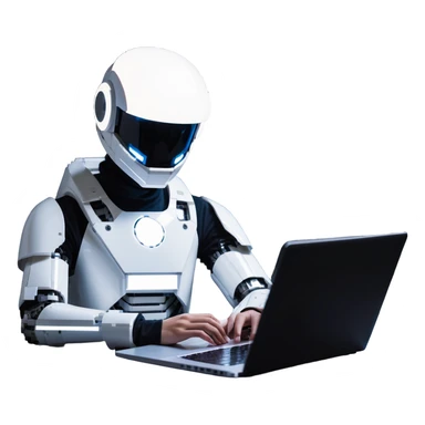 futuristic tech boy wearing a sleek robot helmet with a glowing white circle light in the center, sitting in front of an advanced high-tech laptop, neon-lit cyberpunk room with holographic displays and gadgets, focused posture, soft reflections on helmet, mysterious atmosphere sticker