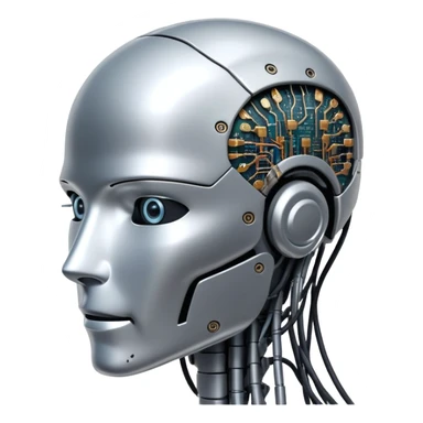 An icon featuring a humanoid robot head, neural network connections, and binary code, symbolizing artificial intelligence. The design includes a brain with circuits and machine learning algorithms, representing the study and development of intelligent systems. Transparent background  sticker