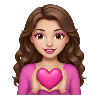 girl with long wavy brown hair, brown eyes, long lashes makeup, sexy pink lips, light to medium complexion, wearing a pink sexy top, smiling, holding a big heart sticker
