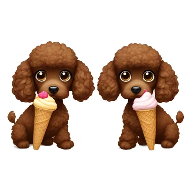 Two brown toy poodles. One is smaller than the other one. One is eating ice cream, the other one is watching sticker