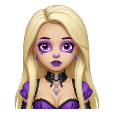 Ai light skin girl , who has straight long length blonde hair with heavy purple streaks , hazel eyes , and doll like makeup , with a septum piercing, in a black corset emoji sticker