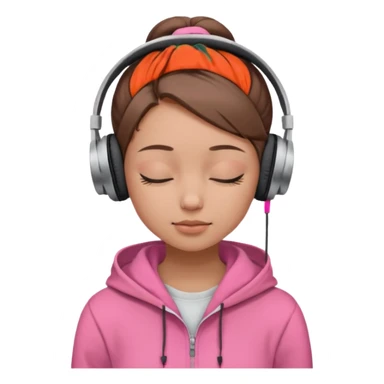 girl with light skin wearing headphones. closed eyes. no makeup. pink hoodie. only brown hair in a bun.  sticker