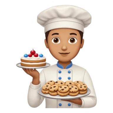 a baker holding a tray of cookies with a cake sticker