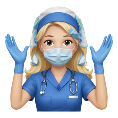 enfermera rubia con pelo largo sin balaca en el pelo, con mascarilla y guantes azules las dos manos arriba sticker