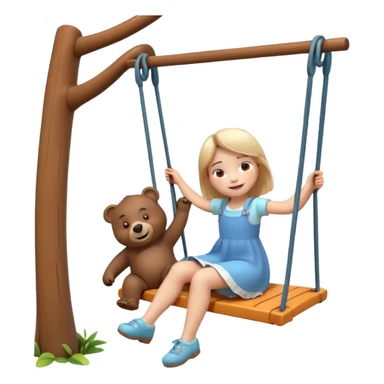 Create a 3D animated scene in the style of a children's cartoon. A small girl similar to Masha is sitting on a swing, smiling happily. A big friendly bear stands behind her gently pushing the swing. Bright colorful forest background, soft lighting, warm and playful mood." sticker