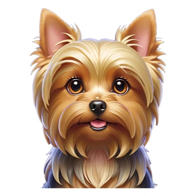 Cinematic Cute Yorkshire Terrier Portrait Emoji, Head perked with bright, twinkling eyes and a perky expression, showcasing a soft, silky fur in rich hues, simplified yet adorably detailed, glowing with a cheerful, inviting glow, high shine, exuding playful intelligence and spunky charm, styled with a gentle, whimsical outline, capturing the essence of a cute Yorkshire Terrier that appears ready to frolic off the screen with irresistible energy! sticker