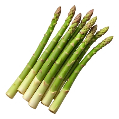 a bundle of asparagus spears, green, tight tips, firm stalks fading to pale, smooth with vertical ridges, natural color variation, stems aligned, unpeeled, slightly curved, no extras, soft lighting, emoji scale sticker