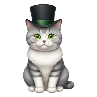 British Shorthair cat full body sitting with a top hat and green eyes sticker