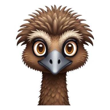 Cinematic Cute Emu Portrait Emoji, Head tilted playfully and inquisitively, featuring a glossy, textured brown plumage with a perky head and round, sparkling eyes full of curious wonder, Simplified yet irresistibly adorable features, highly detailed, glowing with a warm, friendly glow, high shine, affectionate and lively, stylized with a touch of outback whimsy, bright and endearing, soft glowing outline, capturing the essence of a mischievous yet loving emu, so playful it feels like it could gallop out of the screen into your arms! sticker