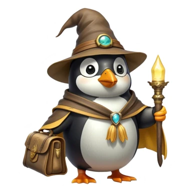 A wizard-explorer penguin inspired by Indiana Jones, wearing a weathered yellow enchanted hat and a flowing cape. It carries a leather satchel with ancient scrolls and holds a glowing magical relic. Cartoon-style, smooth shading, highly detailed, no background sticker